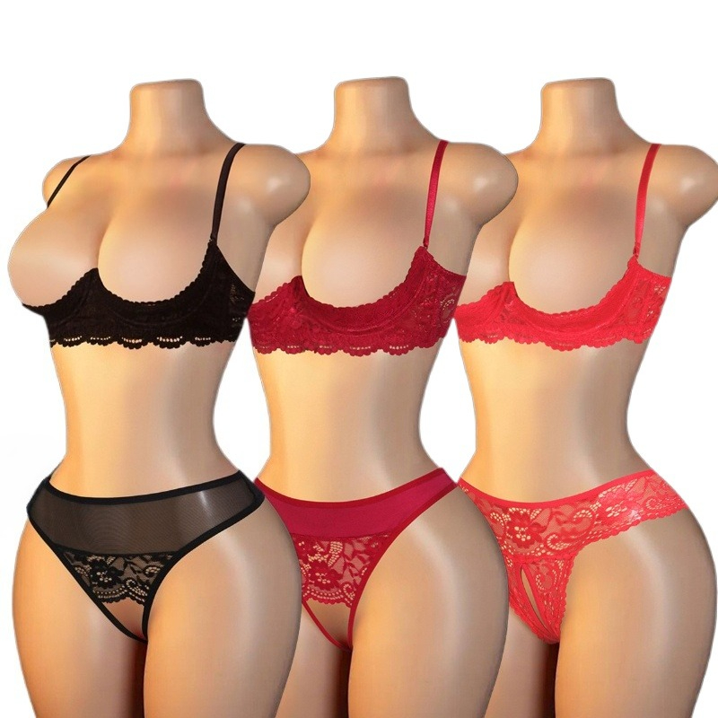 Lace Bralette Set - Sexy Damen-Dessous-Set mit Spitzenausschnitten, frecher 1/4-Cup-Bügel-Push-up-BH,